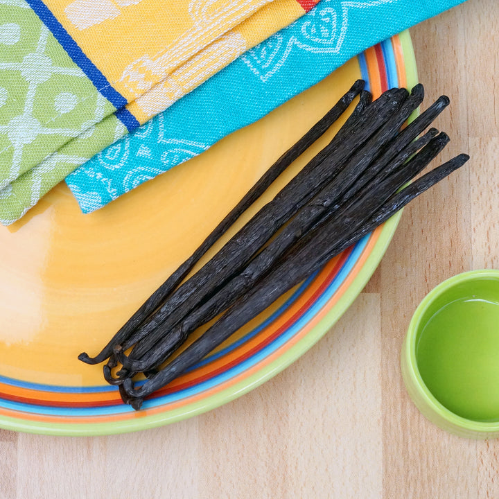 mexican grade a vanilla beans on colorful plate