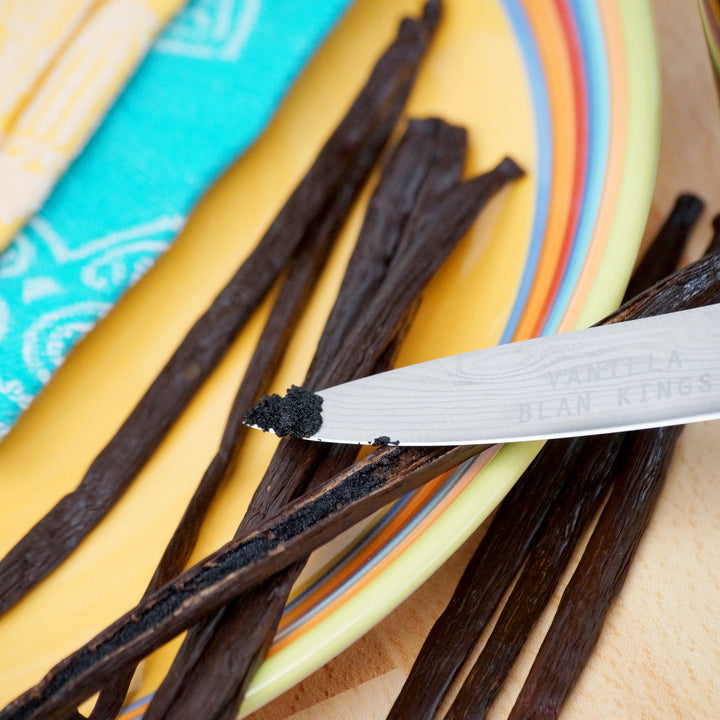 mexican vanilla beans on plate with one split open showing caviar in the bean and on a knife