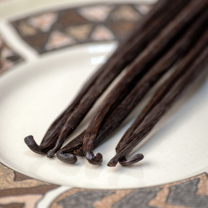 close up of sumatra vanilla beans on plate