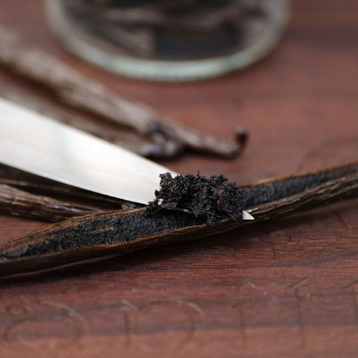 ecuador vanilla bean split with caviar displayed on knife