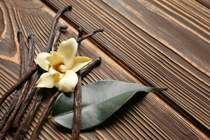 vanilla beans on table with leaves and flower