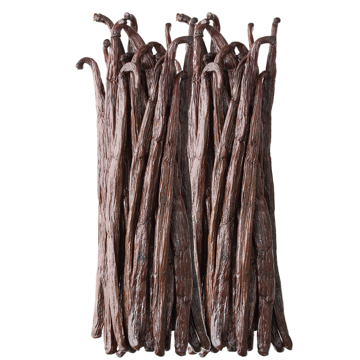 pile of grade a tahitian vanilla beans in upright position