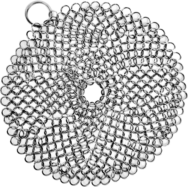 Cast Iron Chainmail Scrubber + Pan Scraper - Deluxe Ergonomic Stainless and  Silicone Cleaner for Pots and Skillets - Food-Safe Design - Easy to Clean  Dishwasher Safe Cookware Sponge Kitchen Accessory